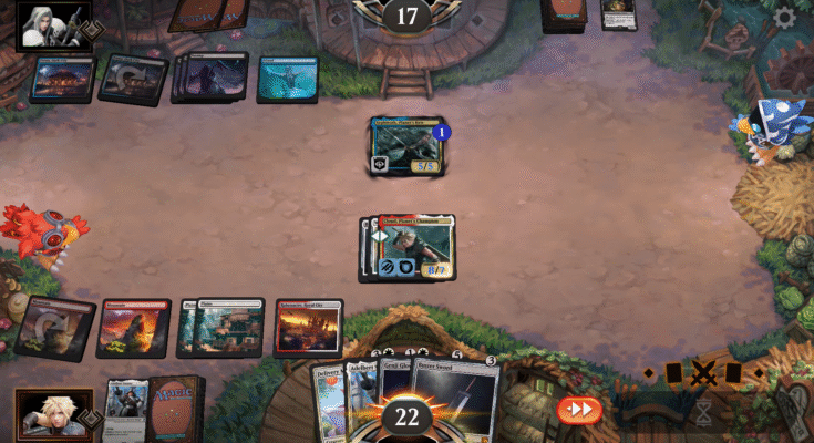 Magic the Gathering Aréna képernyőképe digitális játékkártyák mezővel, két ellenféllel szemtől szemben Sephiroth és Cloud Avatars -szal