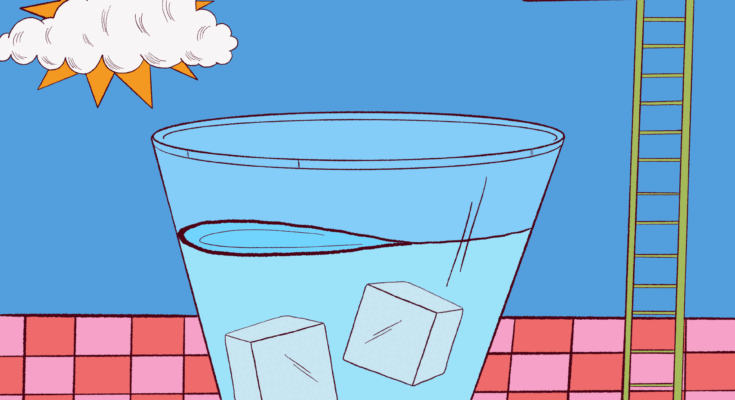Egy illusztrált GIF egy jelenetet mutat be egy csésze jeges vízzel, mint az élettartam, amely az uszoda számára tart. Egy személy a vörös úszónadrág magas merülési tetején áll, és amikor egy felhő elmozdul a naptól, a személy a vízbe zuhan.