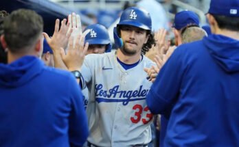 A Dodgers James Outman (33), miután májusban a Miami Marlins elleni mérkőzésen egy hárompontos otthoni futást ért el.