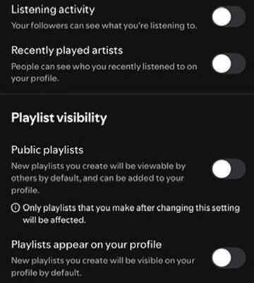 A Spotify -fiókom paraméter oldalának áttekintése; A maximális intimitásra van állítva.