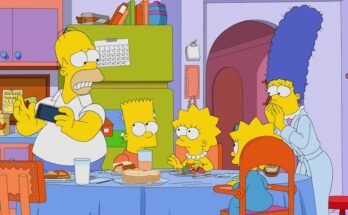 THE SIMPSONS, from left: Homer Simpson (voice: Dan Castellaneta), Bart Simpson (voice: Nancy Cartwright), Lisa Simpson (voice: Yeardley Smith), Marge Simpson (voice: Julie Kavner), 'Fan-ily Feud'', (Season 34, aired Apr. 23, 2023). photo: ©Fox / Courtesy Everett Collection