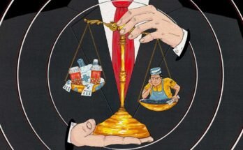 Egy illusztráció azt mutatja, hogy egy bankár megjelenése, amely fekete öltönyt és piros nyakkendőt hordoz, és az igazságosság skáláját tartja. A skála egyik oldalán drága palack gyógyszerek vannak; A másik oldalon egy kötényen dolgozó élelmiszer -munkás.