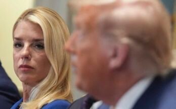 A bal oldali Pam Bondi főügyész Donald Trump elnököt a jobb oldalon hallgatja a Fehér Ház kabinet ülésén.