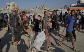 A palesztinok olyan zsákok lisztet hordoznak, amelyeket a humanitárius segélyek konvojja ment ki, amely 2025. július 26 -án, szombaton elérte a Gázai várost az északi Gázai övezetből.