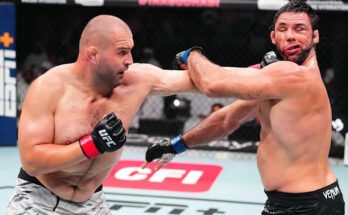 Abu Dhabi, Egyesült Arab Emírségek - július 26 .: (LR) Martin Buday de Slovakia a Marcus Buchecha du Brazíliát eltalálja egy nehézsúlyú küzdelemben az UFC harci éjszakai rendezvénye során, az Etihad Arénában, 2025. július 26 -án, Abu Dhabi -ban, az Egyesült Arab Emírségek. (Chris Unger / Zuffa LLC fényképe)