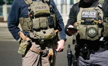 In this document photo provided by the immigration forces and American customs, two federal law enforcement agents coordinate with other officials during an official of February 4, 2025 near Washington, DC (photo of American immigration and customs application via Getty images))))))