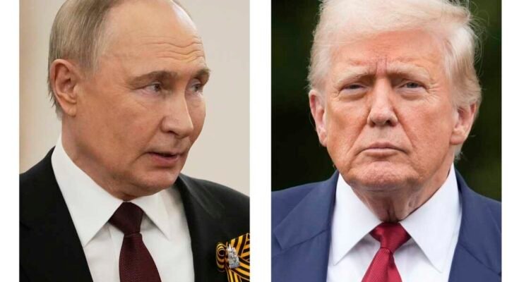 A fotók kombinációja azt mutatja, hogy Vlagyimir Putyin orosz elnök, balra, Moszkva 2025. május 9 -én, valamint Donald Trump elnök augusztus 1 -jén.